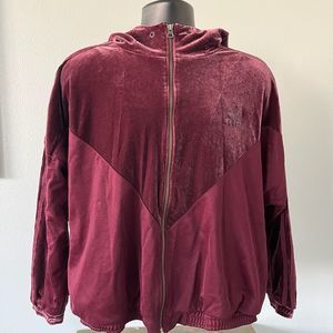 Adidas Trefoil Velour Track Jacket Hooded Womens Medium Burgundy Maroon Full Zip
